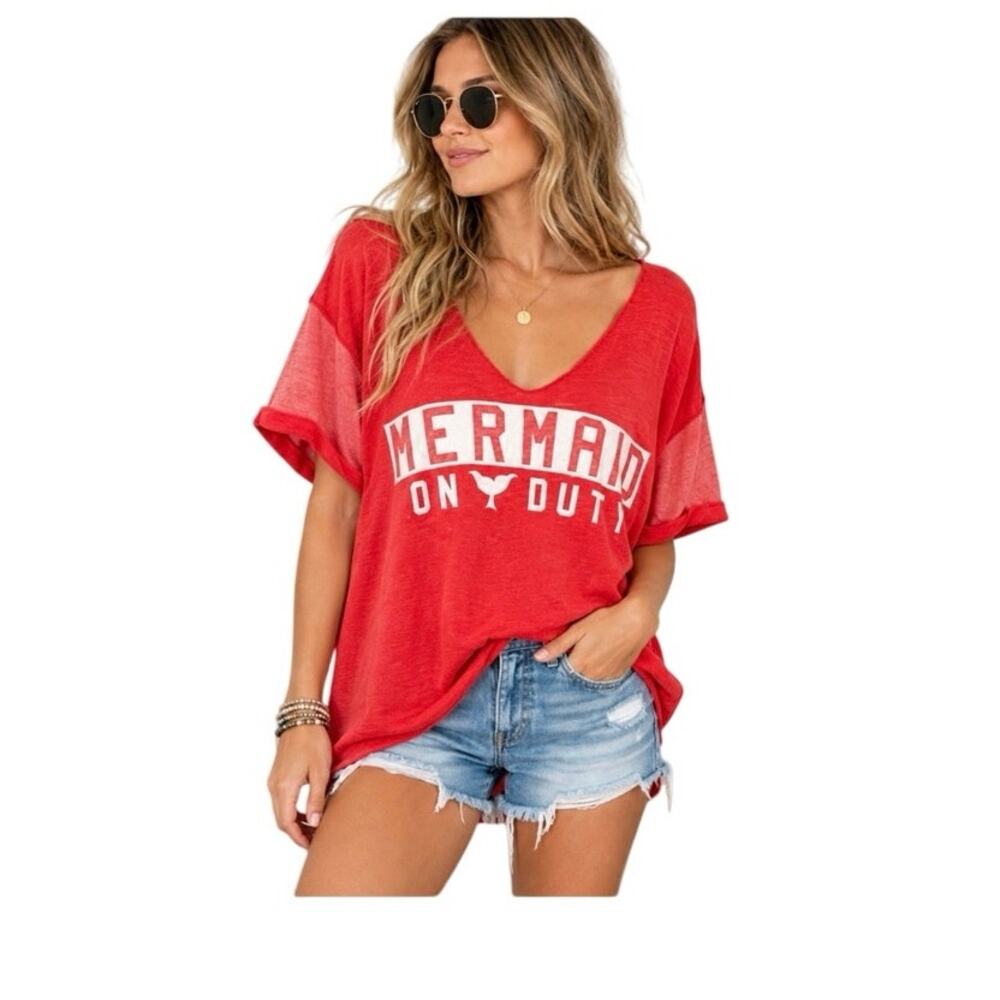 Wildfox Mermaid On Duty Oversized V Neck Graphic Tee Red Raw Hem Size M